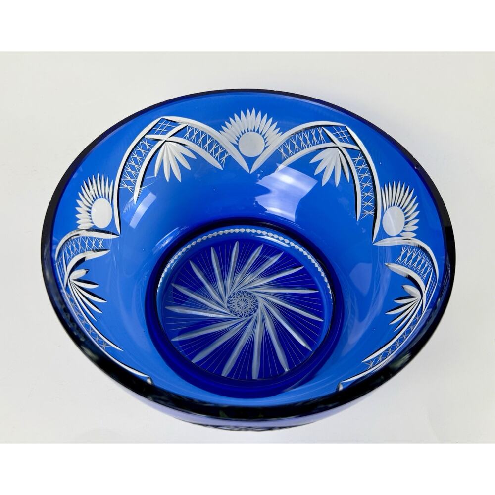Cobalt Blue Cut to Clear Crystal Pedestal Bowl Bohemian Czech 8” Centerpiece